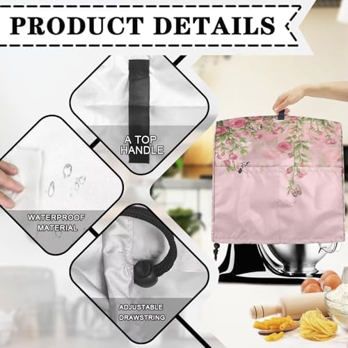 Butterfly with Rose Mixer Cover Compatible with 4-8 Qt Kitchen Aid Mixer Covers Anti-Stain Kitchen Appliance Dust Cover with Handle Pockets