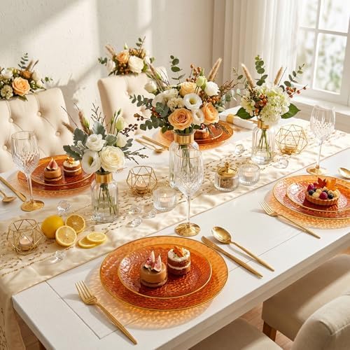 Rubtlamp 100Pcs Amber Gold Plastic Plates, Disposable Plates With Gold Rim, Heavy-duty Party Platos, Hammered Plastic Plates Include 50 Clear Dessert Plates, 50 Dinner Plates for Party