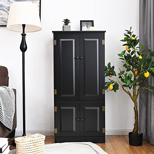 GIANTEX Kitchen Pantry Storage Cabinet, Wood Cupboard Organizer, Adjustable Shelf & Anti-Tilt Design Floor Cabinet for Living Room Bathroom (Black)