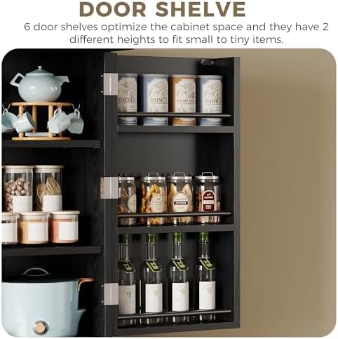 IRONCK 72" Farmhouse Kitchen Pantry Cabinet with Sliding Storage Rack,Black
