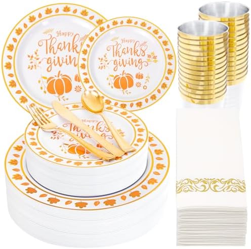 LIYH 175 Pcs Thanksgiving Plastic Plates and Napkins Sets, Thanksgiving Disposable Plates Heavyduty, Gold Plastic Silverware, Fall Pumpkins Plate for Autumn Harvest Day 25 Guests