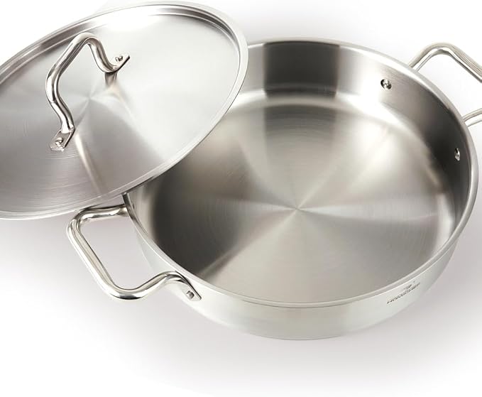 HOMICHEF Braiser Pan 5 Quart with Lid Nickel Free Stainless Steel - Matte Polished Deep Saute Pan Non Toxic - 5 Qt Braiser with Stainless Steel Lid Induction