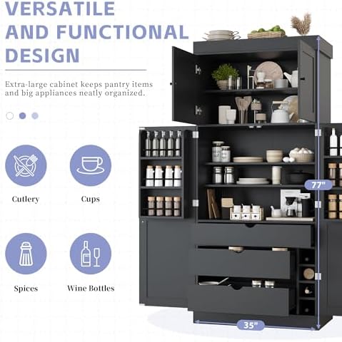 Merax 77''Tall Freestanding Kitchen Pantry,Farmhouse Tall Storage Cabinet with 2 Standard Plugs and 2 USB Ports,Wood Food Pantry with Adjustable Shelves,Door Shelves, Drawers and Wine Racks,Grey