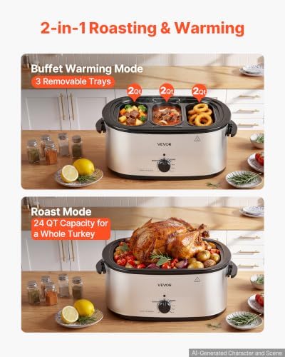 VEVOR Electric Roaster Oven, 24 Qt 1450W, Turkey Roasting Pan, 3 Food Trays