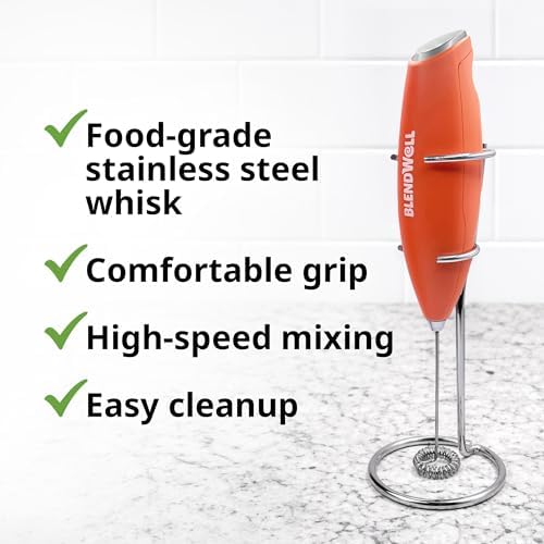 BlendWell Electric Milk Frother for Matcha and Coffee, Handheld Battery Operated Drink Mixer with Stand, Stainless Steel Whisk, Orange