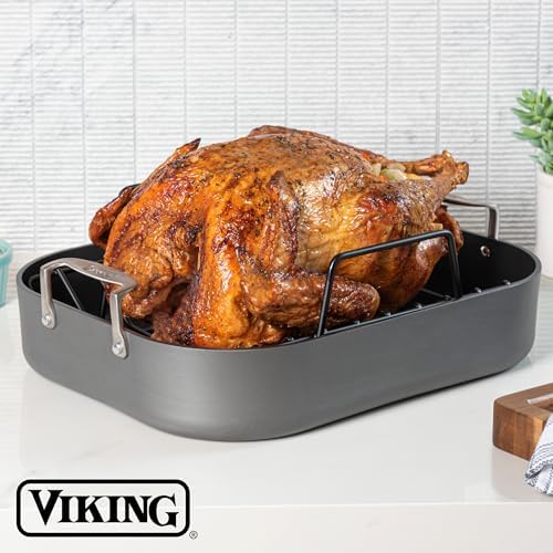 Viking Hard Anodized Aluminum Nonstick Roasting Pan with Non Stick Rack and Carving Set, 16 x 13 Inch Kitchen Cookware, Dishwasher and Oven Safe, Dark Grey