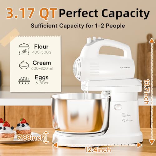 3.2QT 2-in-1 Stand Mixer, White
