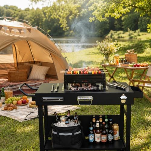 Portable Outdoor Grill Table Cart with Wheels, Foldable BBQ Prep Station, Rolling Food Prep Table with Bottle Opener, Seasoning Tray, Trash Bag Holder, Lower Shelf, Black