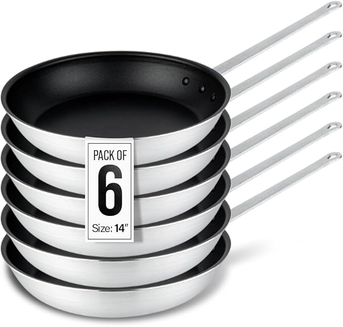Restaurantware-Met Lux 14 Inch Fry Pans, Set Of 6 No-Stick Frying Pans - Induction-Ready, Triple-Riveted, Black Aluminum Cooking Skillets, Durable, For Searing, Sautéing, And Browning Food