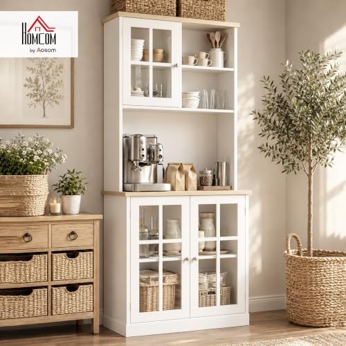 HOMCOM Kitchen Pantry Storage Cabinet 72" with Hutch, Off White