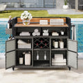 YOPTO 52.8" W Wicker Outdoor Grill Cart with Extended Poly-Wood Table Top - Drop Leaf Design,7 Shelves & Wine Rack,Rolling Kitchen Island on Lockable Wheels,for Patio,Backyard,Poolside & Garden,Grey