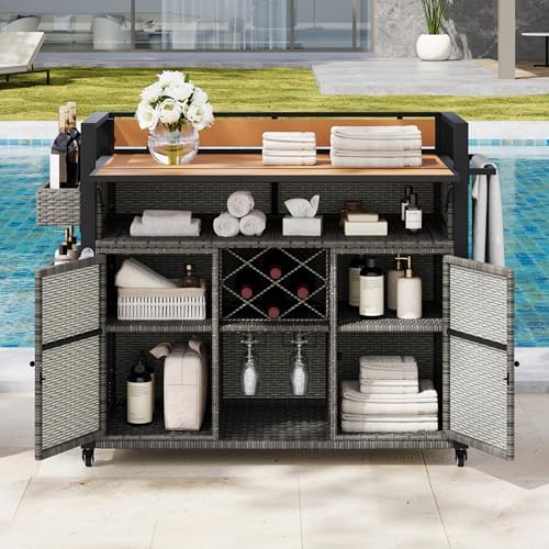 YOPTO 52.8" W Wicker Outdoor Grill Cart with Extended Poly-Wood Table Top - Drop Leaf Design,7 Shelves & Wine Rack,Rolling Kitchen Island on Lockable Wheels,for Patio,Backyard,Poolside & Garden,Grey