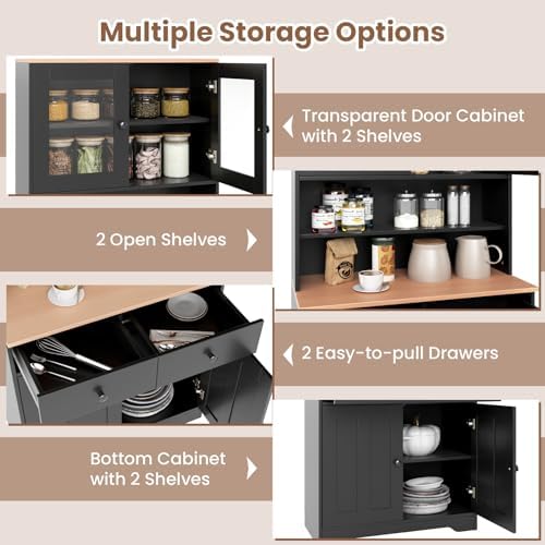 Tall Kitchen Pantry Cabinet, Freestanding Hutch Cabinet with 2 Adjustable Shelves, 2 Glass Doors & 3 Pull-Out Drawers, Wooden Buffet Hutch with Wine Rack, Countertop for Dining Room (Black)