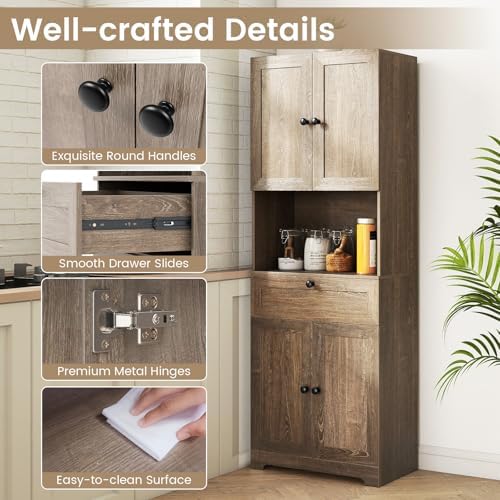 GIANTEX Kitchen Pantry Cabinet, 67.5" Tall Floor Storage Cabinet w/4 Doors & 1 Drawer, Modern Freestanding Bathroom Organizer w/Open Countertop & Adjustable Shelf for Dining Room (Gray Oak)