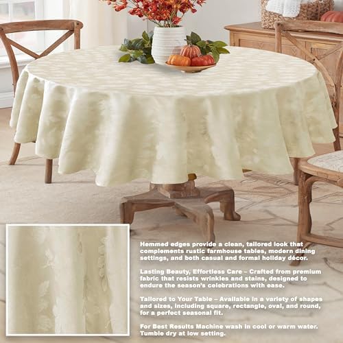 Newbridge Thanksgiving Damask Tablecloth Ivory Gold 60 x 84 Inch Oval
