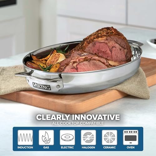 Viking 3-Ply Oval Roasting Pan, 8.5 Quart, Stainless Steel Kitchen Cookware with Metal Induction Lid and Rack, Great for Turkey, Dishwasher and Oven Safe, Silver