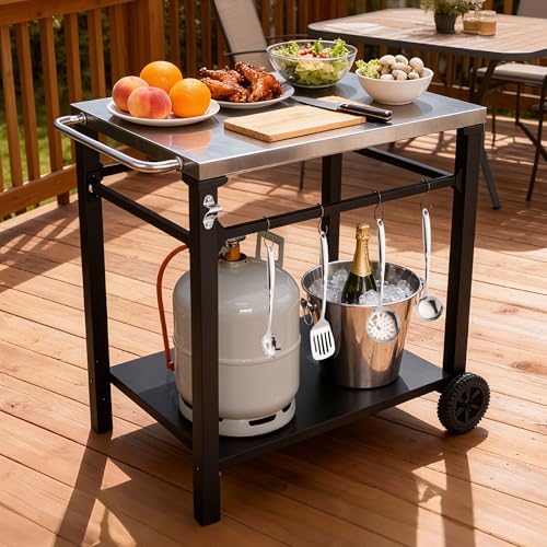KEIKI 2-Tier Outdoor Grill Cart Table with 2 Wheels, Tool Hooks, Movable BBQ Cooking Prep Table, Pizza Oven Table, Serving Bar Cart for Backyard, Indoor, Outside, Kitchen, Stainless Steel