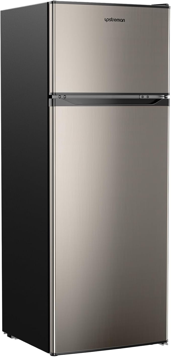 Upstreman 7.7 Cu.Ft. Refrigerator with Freezer, Double Door, Adjustable Thermostat, Large Capacity, Reversible Door Swing, Refrigerator for Apartment, Office, Dorm, Stainless (BD75)