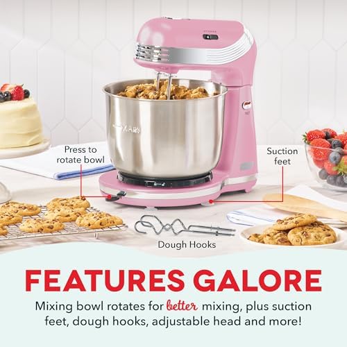 Dash Everyday Stand Mixer - Compact Tilt-Head Stand Mixer for Everyday Recipes - 6-Speed Power with Stainless Steel Bowl - Pink, 3-Quart