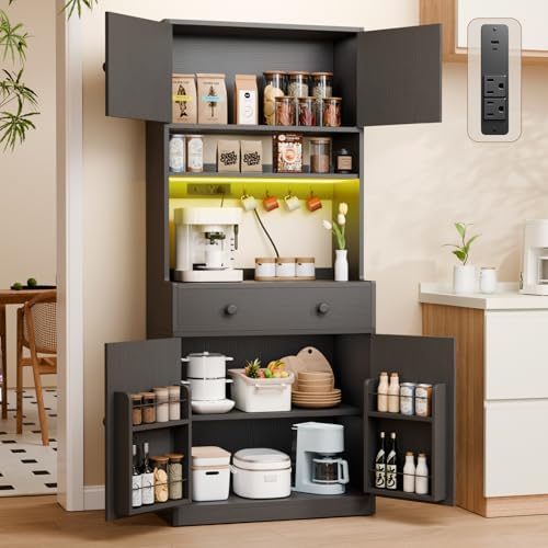 71" Tall Kitchen Pantry Cabinet with Microwave Countertop, LED Lights Black