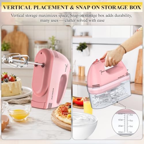 BAIGELONG Hand Mixer. 7-Speed Adjustable Kitchen Electric Mixer. With 5 Stainless Steel Attachments: 2 Hooks, 2 Beaters, 1 Whisk. Comes 1 Storage Box. Perfect for Bakers and New Starters. Pink
