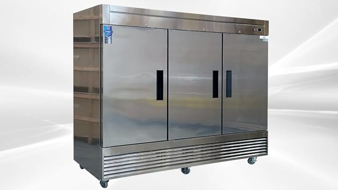 Commercial Freezer 3-doors Solid Reach in Upright Bottom NSF Mounted Stainless Steel 82" Width, Capacity 65 Cuft, Restaurant Quality Kitchen Cold -8°F