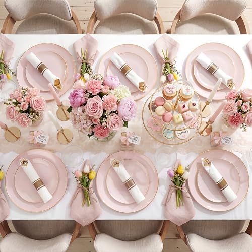 KIRE 350 PCS Pink Disposable Plates - Plastic Dinnerware Set for Wedding