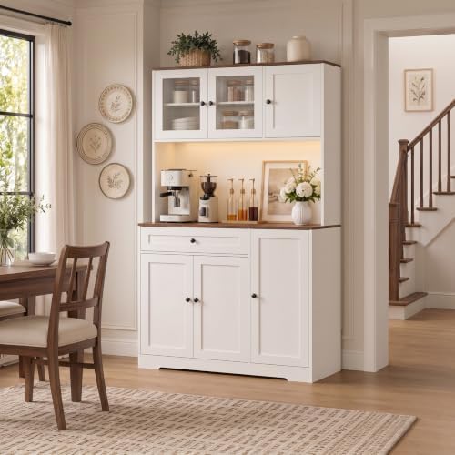 Tall Kitchen Pantry Cabinet with Countertop, 39.4" W Kitchen Hutch with Storage, Farmhouse Kitchen Cabinet Coffee Bar Cabinet with Power Outlets, Drawer, Door Racks, Adjustable Shelves, RGB LED Lights