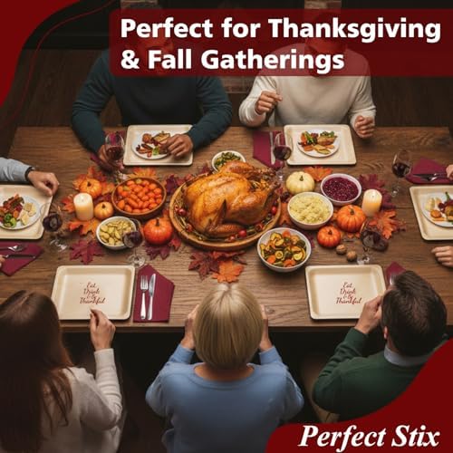 Perfect Stix Thanksgiving Plates and Napkins Set – 25 Large 10-Inch & 25 Small 7-Inch Eco-Friendly Wooden Plates with 50 Burgundy 2-Ply Dinner Napkins –Thanksgiving & Friendsgiving Gatherings