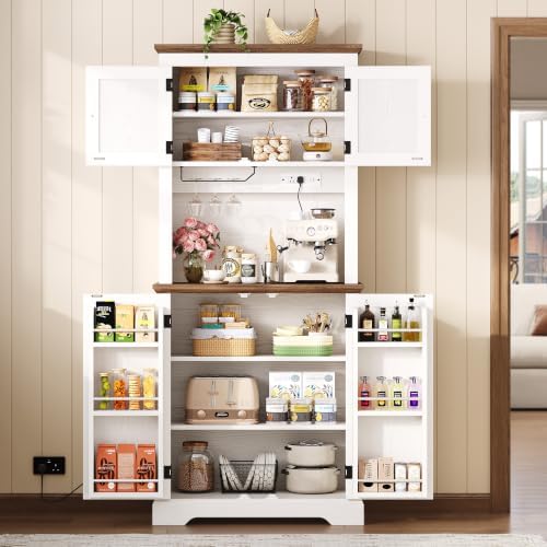 IRONCK Farmhouse Kitchen Pantry Cabinet with Microwave Stand