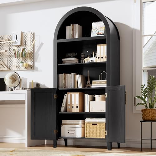 Arched Kitchen Pantry Cabinet with Doors, 5-Tier Open Display Shelf, Black