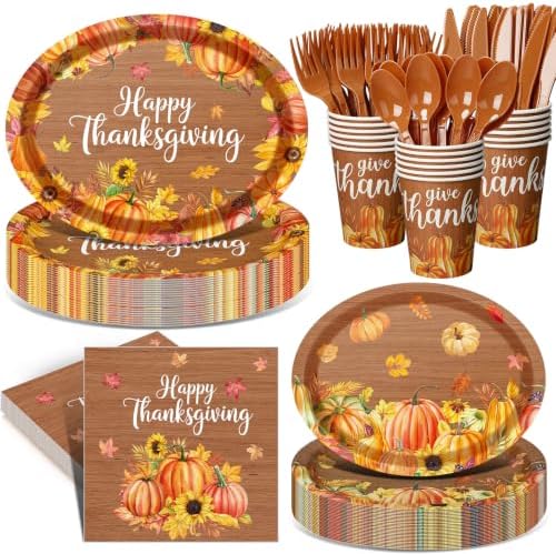 Pajean 350 Pcs Thanksgiving Oval Paper Plates Set with 12 inch Disposable Wood Grain Maple Leaf Oval Plates Fall Harvest Dinnerware Set Heavy Duty for 50 Guests Thanksgiving Fall Party Supplies