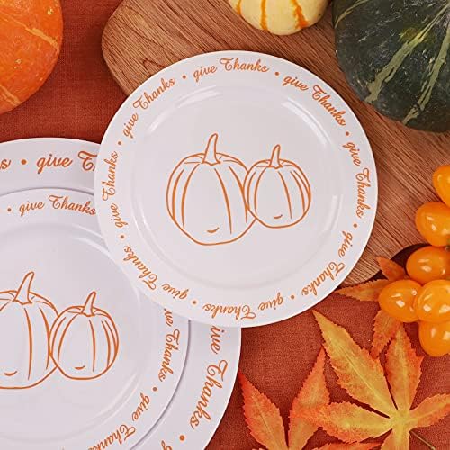 Rubtlamp 60Pcs Thanksgiving Plastic Plates, White Plastic Plates With Orange Pumpkin and Alphabet, Premium Heavy Orange plates Include 30 Dinner Platos 10.25", 30 Dessert Platos 7.5" For Party