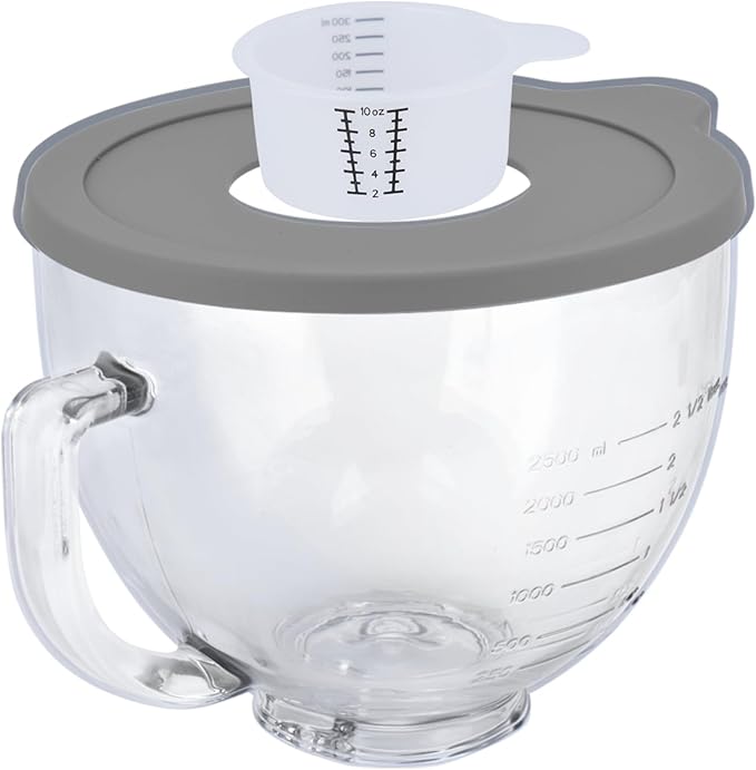 Tilt-Head Stand Mixer Glass Bowl, 5 QT,Compatible with Kitchenaid Artisan&Classic Series,Glass Bowl with Lid,Mixer Bowl Cover to Prevent Spilling of Ingredients,Contemporary with Grey Lid