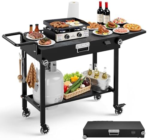 Portable Grill Cart for Blackstone Griddle, 440lb Foldable Outdoor Grill Table with Wheels for Ninja, 31" W x 17" D Blackstone Griddle Stand with Caddy Fit 17” or 22”, Black