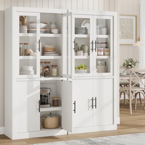 71" Tall Kitchen Pantry Cabinet, Farmhouse Kitchen Pantry Storage Cabinet with 4 Doors & Adjustable Shelves, Freestanding Wood Large Food Cupboard Cabinet for Dining,Living Room,Rustic White