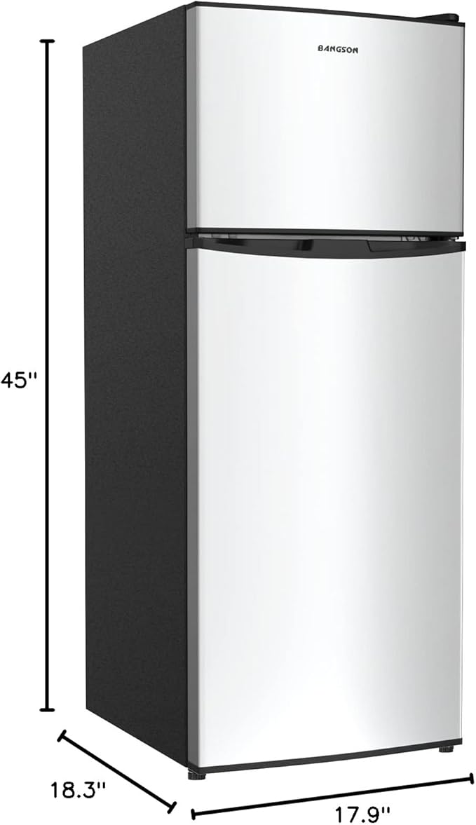 BANGSON 4.0 Cu.Ft Small Refrigerator with Freezer, Small Fridge with Top Freezer, for Apartment, Bedroom, Dorm, and Office, Double Door, Stainless Steel, Silver