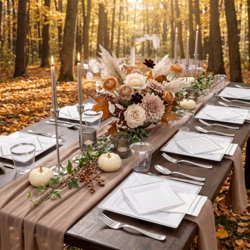 Festiva 350Pcs Silver Plates - Silver Square Plastic Plates 9 .5" and 6" - serve for 50 guests include 50 Cups 50Plastic Cutlery 50Hand Napkins Perfect for Party&Wedding&Birthday