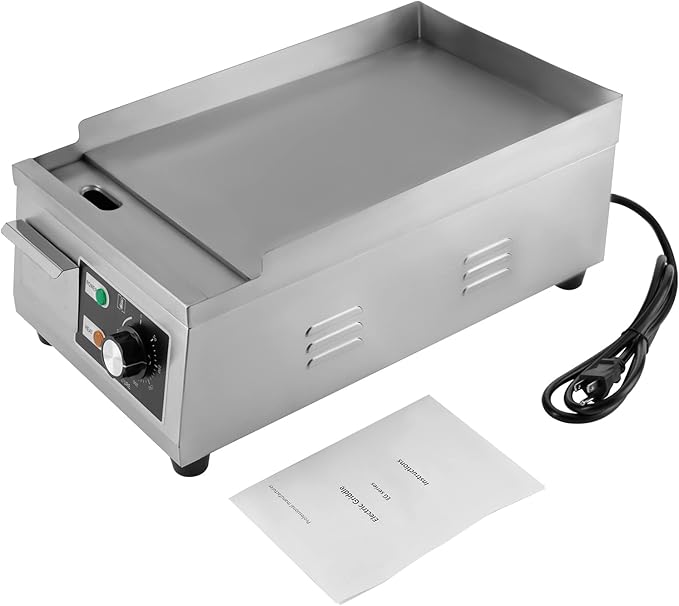 Electric Countertop Flat Top Griddle 110V 1300W Commercial Teppanyaki Grill 11"x15.7" Stainless Steel Commercial Flat Top Grill Thermostatic Control 122-572°F for Restaurant Kitchen