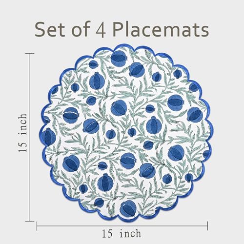 Ridhi Floral Block Print Round Placemats 15 Inch, Set of 4, Queen Blue