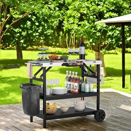 ERGOMASTER Grill Table Cart, Outdoor Kitchen Island with 4-Position Adjustable Shelf, Stainless Steel Serving Cart for Patio Garden
