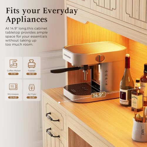 Fluted Kitchen Pantry Cabinet with Charging Station & LED Light, 47" Wide Kitchen Pantry Storage Cabinet with Countertop, Microwave & Appliance Storage, Food Pantry Cabinet for Dining Room ,Natural