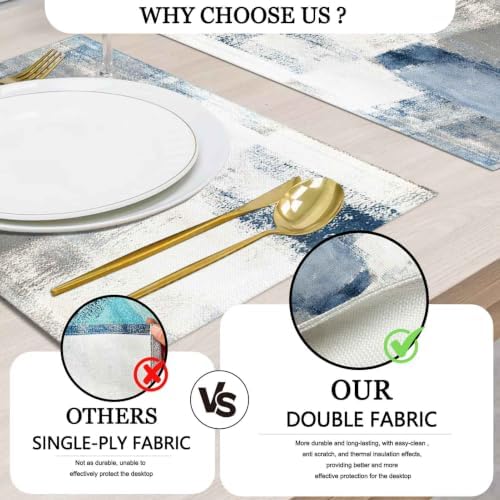 Mcalk Dusty Blue Table Runner and Placemats Set of 6 Pieces, Pink Flower Placemats Modern Art,Abstract Art Cloth Place Mats Indoor for Kitchen,Washable Placemats Linen Material for Dining Table