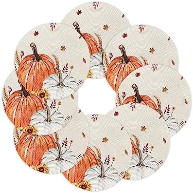 Round Placemats Set of 8 Harvest Pumpkin Fall Place Mats Maple Leaves Sunflower Ears of Wheat Circle Braided Placemat Heat Resistant Table Mat for Thanksgiving Autumn Harvest Decorations, 15 Inch