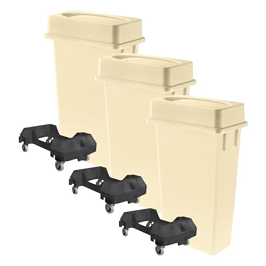 3 pack 23 Gallon Waste Bin with Lid & Dolly, Heavy-Duty Trash Can, Slim Rectangular Garbage Bin, Durable Waste Container, Recycling Bin, Plastic Wastebasket for Kitchen, Garage, Restaurants, Office
