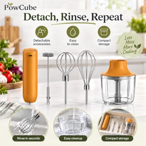 Cordless Hand Mixer, 4-in-1 Handheld Electric Mixer with Electric Whisk Frother & 10 oz Mini Food Chopper, USB-C Rechargeable 4-Speed Hand Mixer for Eggs, Cream, Coffee & Small-Batch Prep