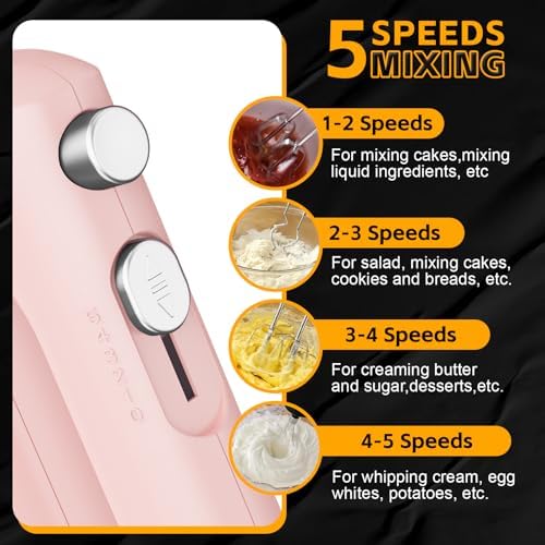 5-Speed Small Hand Mixer Electric, 300W Compact Portable, Pink