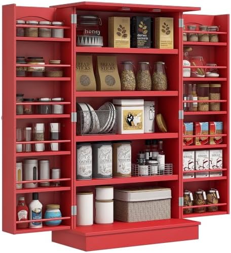 HOMCOM 41" Kitchen Pantry Storage Cabinet 12 Door Shelves Red