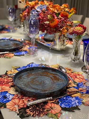 Maison Charlo - Set of 4 Waterproof Placemats Thanksgiving Pumpkin Wreath - Dining Table Decor, Home Decor - Washable Heat Resistant for Parties, Kitchen Table - Orange
