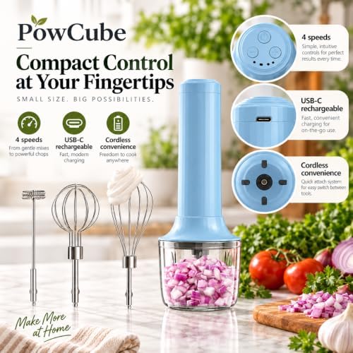 Cordless Hand Mixer, 4-in-1 Handheld Electric Mixer with Electric Whisk Frother & 10 oz Mini Food Chopper, USB-C Rechargeable 4-Speed Hand Mixer for Eggs, Cream, Coffee & Small-Batch Prep